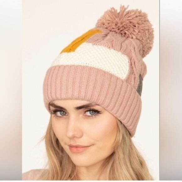 COLOR BLOCK MAUVE FLEECE LINED BEANIE HAT-NEW - Picture 3 of 3